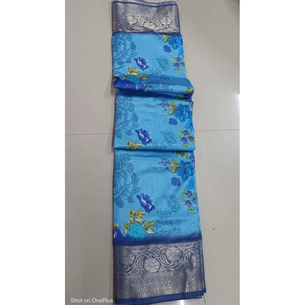 Sky Blue digital dolla silk printed saree with unstitched blouse, 5.5mtr