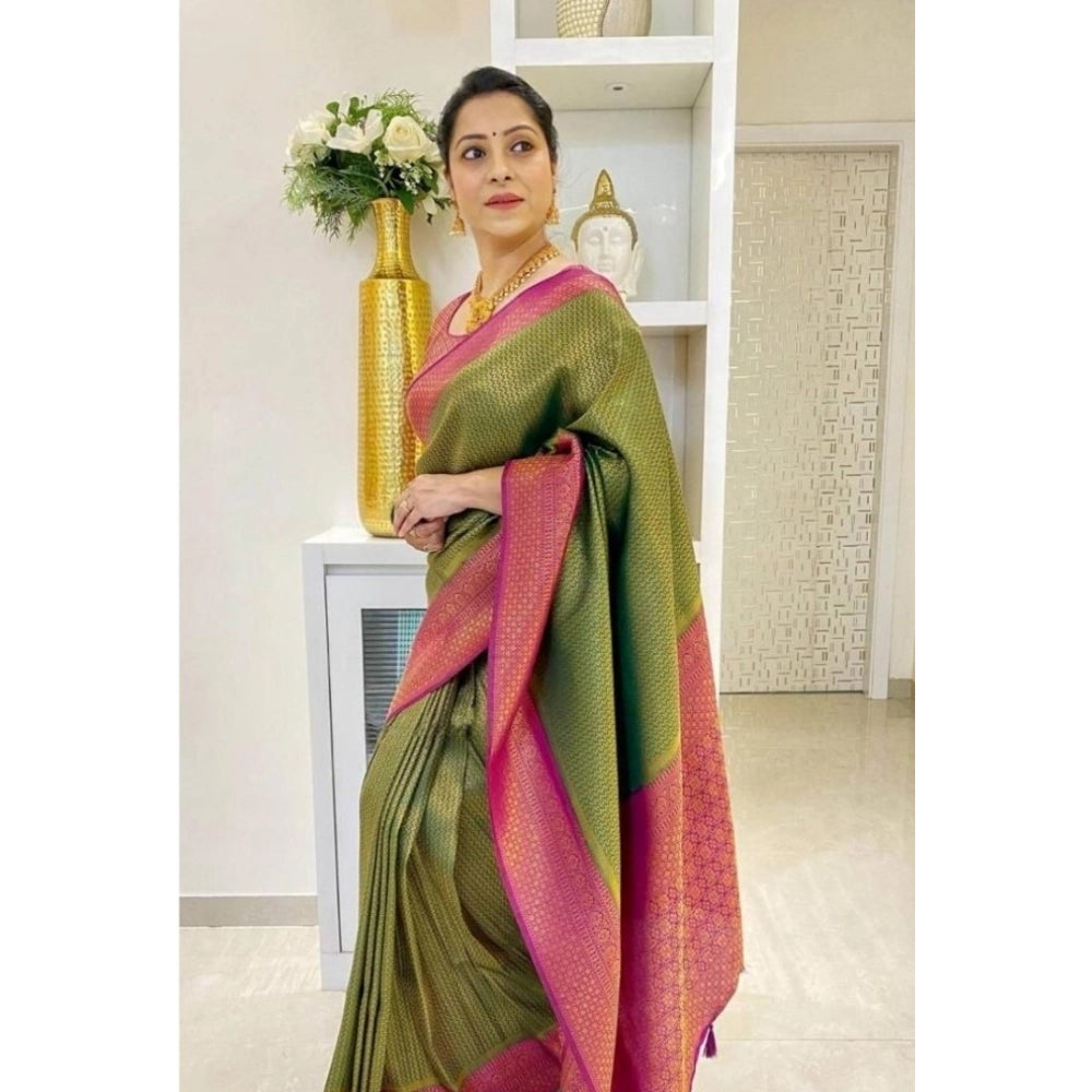 Mehndi-green soft lichi silk printed saree with unstitched blouse, 5.5Mtr