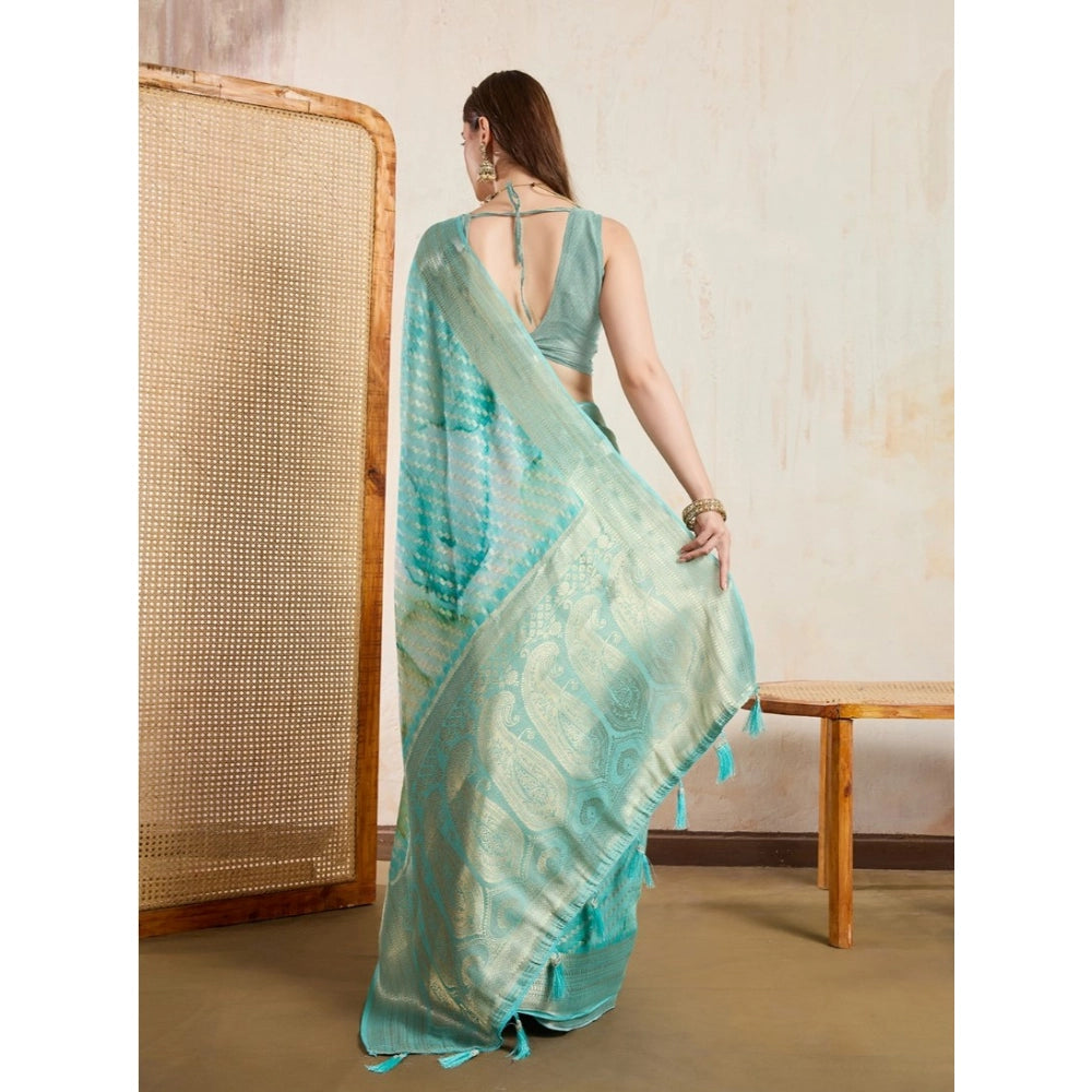 Green viscose printed saree with unstitched blouse (5.5mtr)