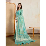 Green viscose printed saree with unstitched blouse (5.5mtr) - vibrant traditional attire on mannequin
