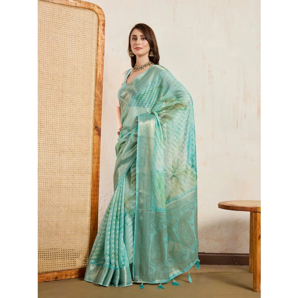 Green viscose printed saree with unstitched blouse (5.5mtr)