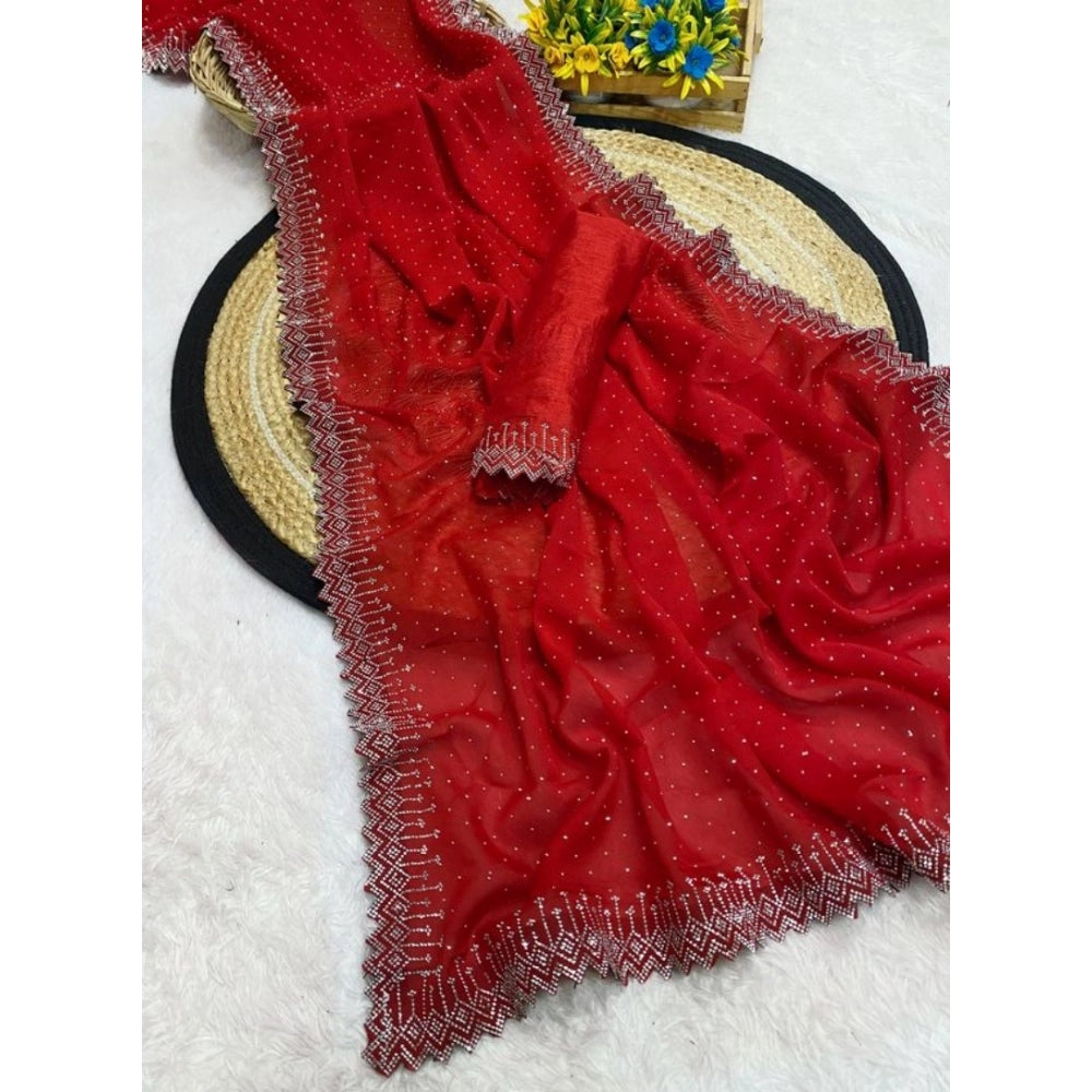 Red Georgette stone-work saree with unstitched blouse (5.5mtr), traditional Indian women's attire on display