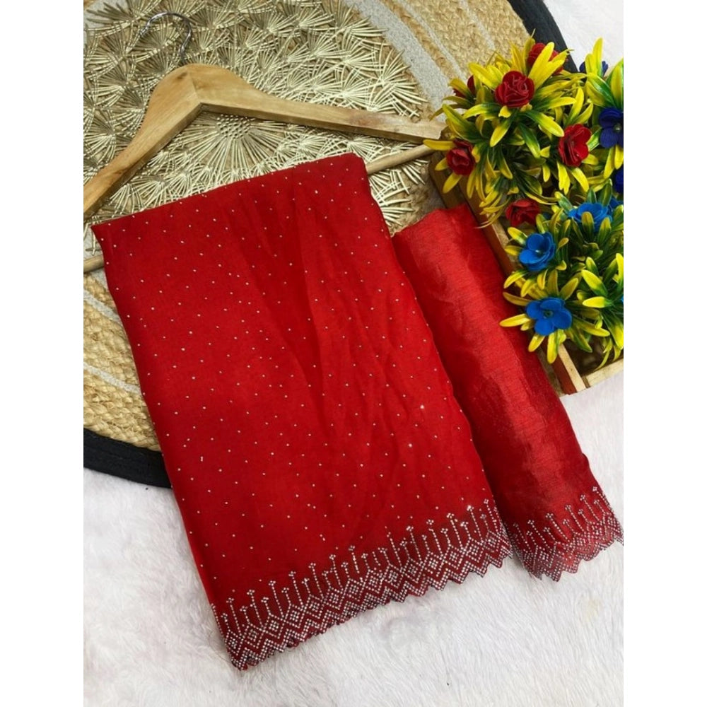 Red georgette stone work saree with unstitched blouse, 5.5mtr length on mannequin