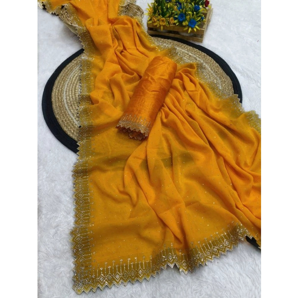 Yellow georgette stone work saree with unstitched blouse, vibrant Indian fashion accessory