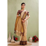 Beige silk blended jacquard woven saree with unstitched blouse, elegant women's traditional Indian attire