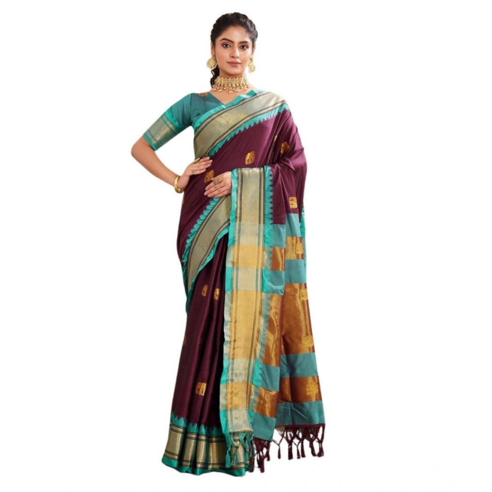 Purple silk blended jacquard woven saree with unstitched blouse, luxurious South Asian fashion wear