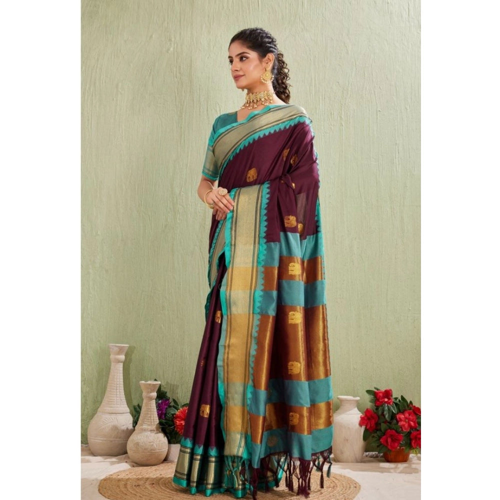 Purple silk blended jacquard woven saree with unstitched blouse (5.5mtr)