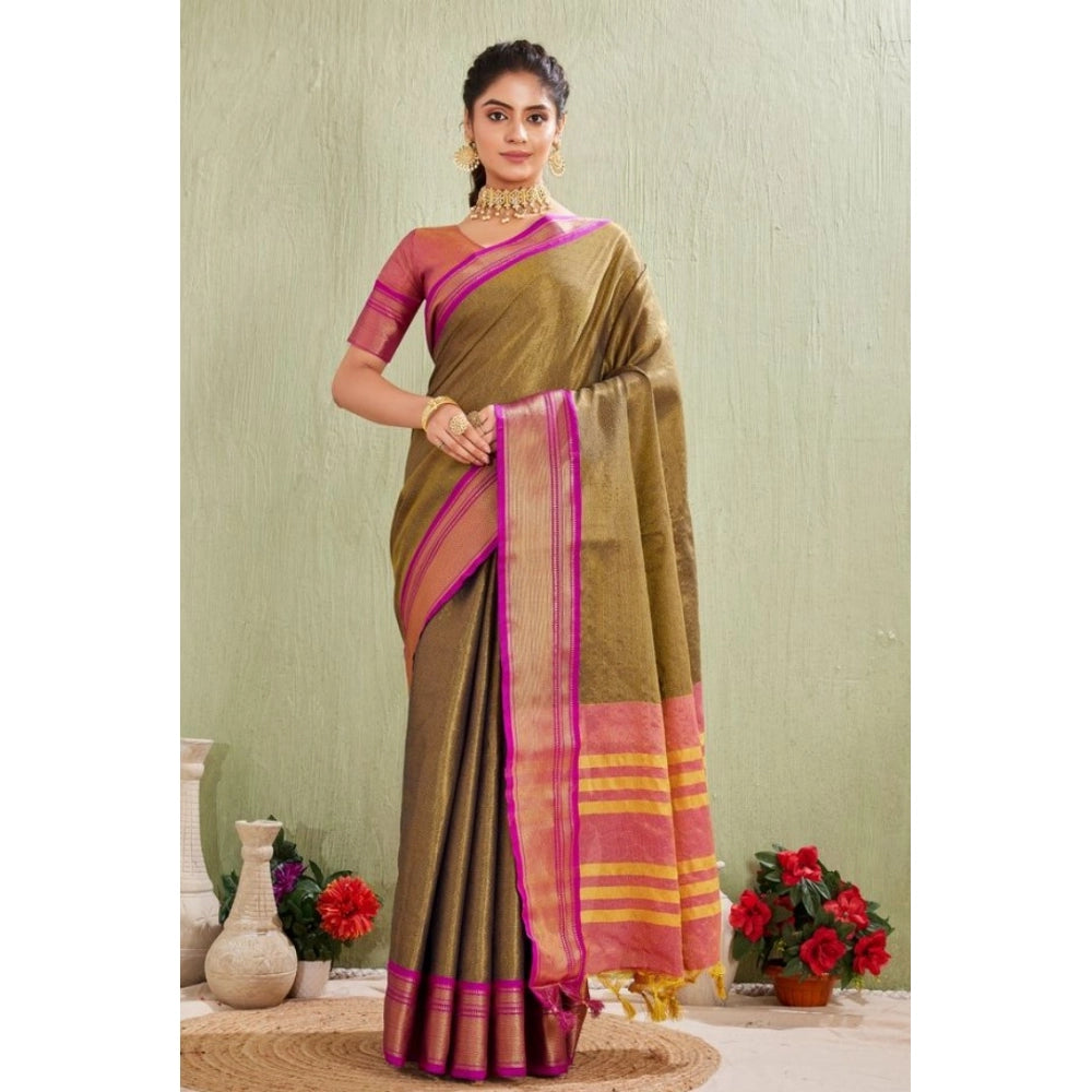 Green silk blended jacquard woven saree with unstitched blouse, vibrant Indian traditional attire for women