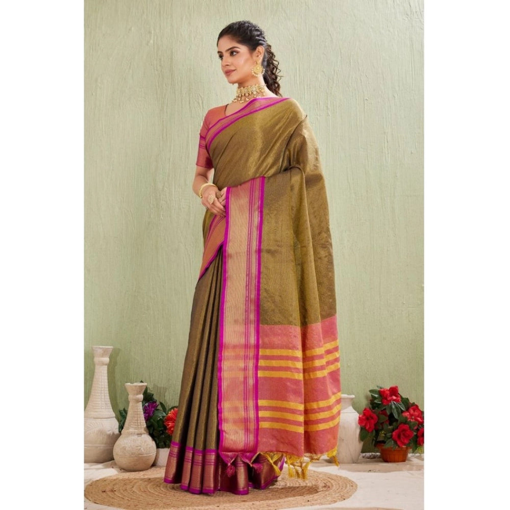Green silk blended jacquard woven saree with unstitched blouse, 5.5Mtr for traditional Indian women's fashion