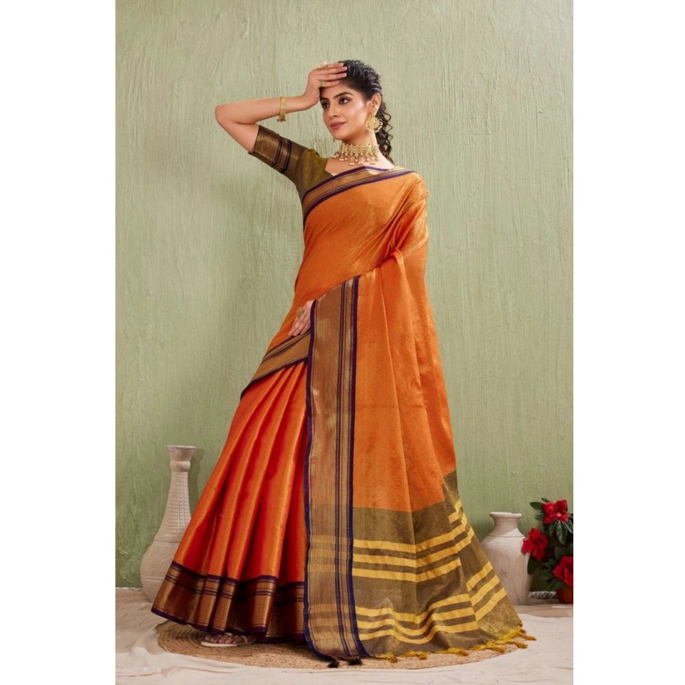 Orange silk blended jacquard woven saree with unstitched blouse, 5.5mtr length for women's traditional Indian fashion