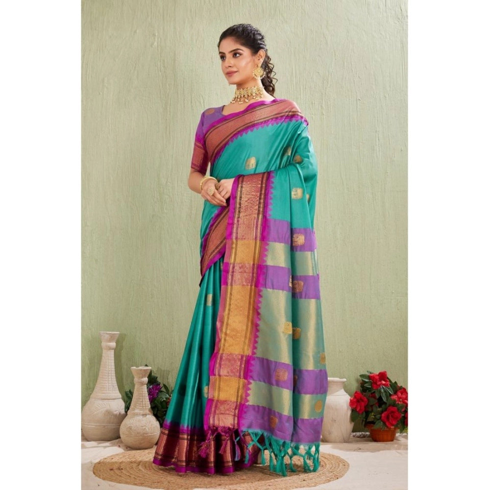 Light blue silk blended jacquard woven saree with unstitched blouse, 5.5mtr for traditional Indian women's fashion