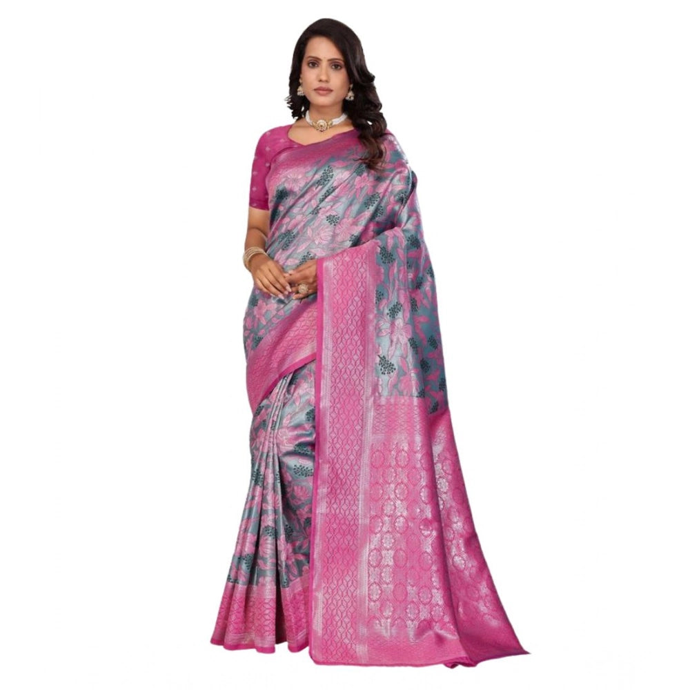 Pink Banarasi Silk Jaquard Woven Saree with Unstitched Blouse (5.5Mtr) - traditional Indian women's fashion