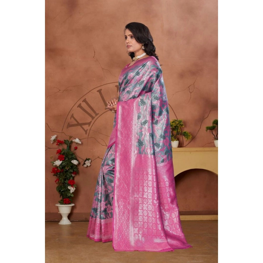 Banarasi silk pink jacquard woven saree with unstitched blouse, vibrant pattern on display