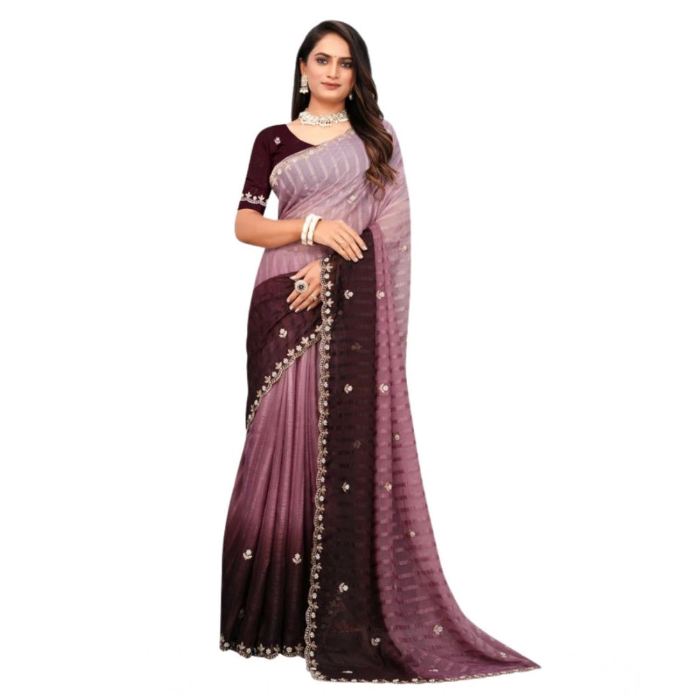 Beige chiffon embroidered saree with unstitched blouse (5.5mtr), ornate Indian bridal wear on mannequin