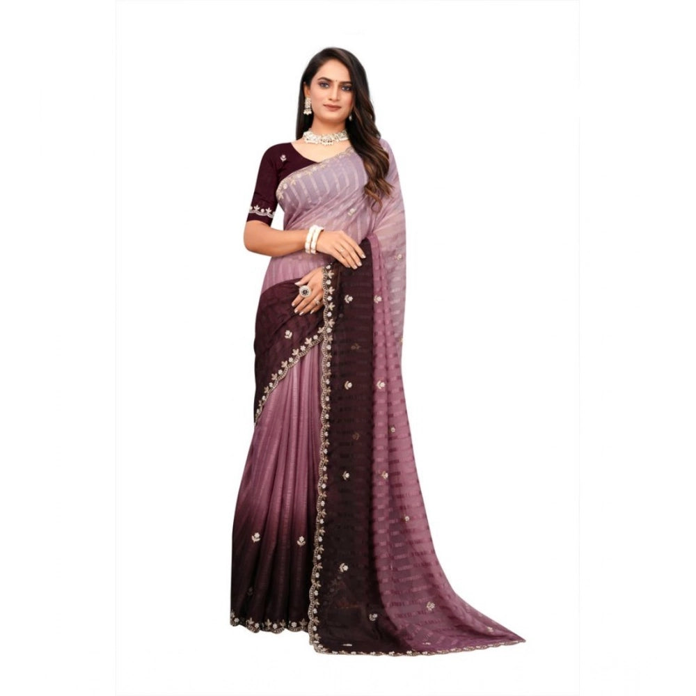 Beige chiffon embroidered saree with unstitched blouse (5.5mtr) - elegant, intricate design for traditional Indian wear