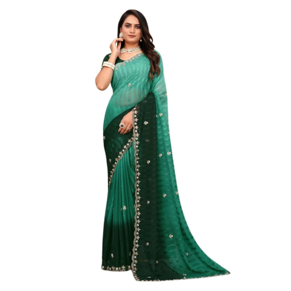 Dark green chiffon embroidered saree with unstitched blouse (5.5Mtr)