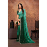 Dark green chiffon embroidered saree with unstitched blouse (5.5Mtr), traditional Indian attire on mannequin