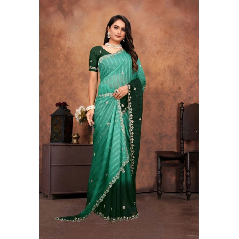Dark green chiffon embroidered saree with unstitched blouse, intricate details on 5.5mtr Indian women's traditional wear