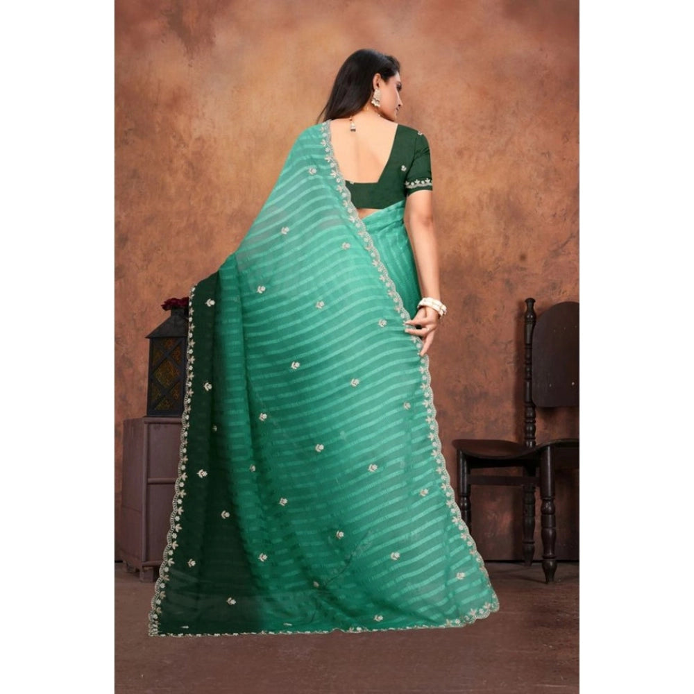 Dark green chiffon embroidered saree with unstitched blouse (5.5Mtr), elegant Indian fashion for women