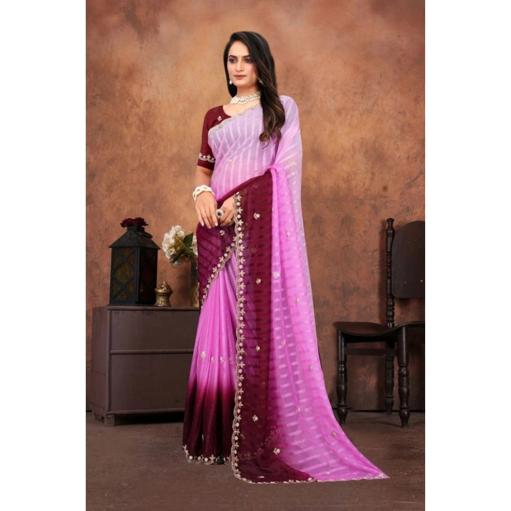 Pink chiffon embroidered saree with unstitched blouse (5.5mtr), intricate design for traditional Indian wear