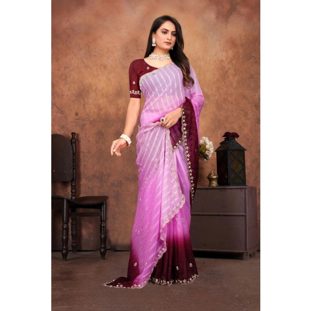 Pink chiffon embroidered saree with unstitched blouse, 5.5mtr length
