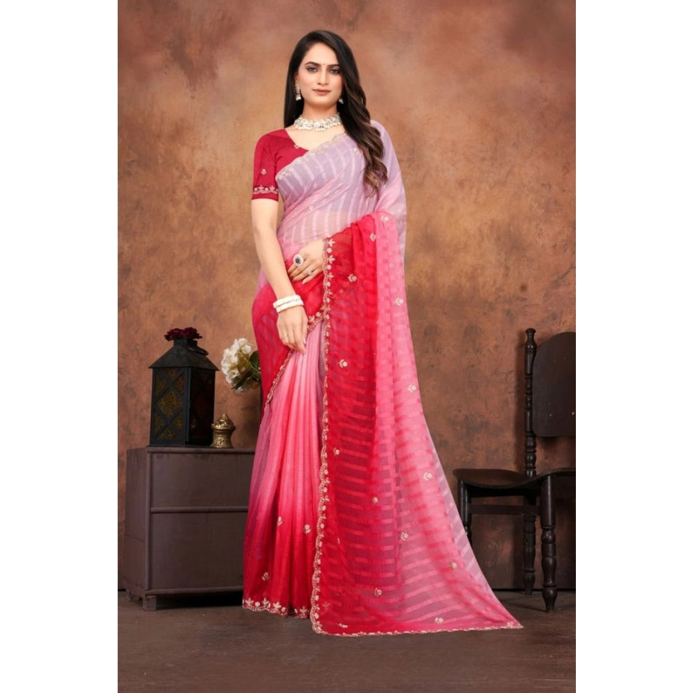 Pink chiffon embroidered saree with unstitched blouse (5.5Mtr) - intricate floral patterns on feminine pink fabric