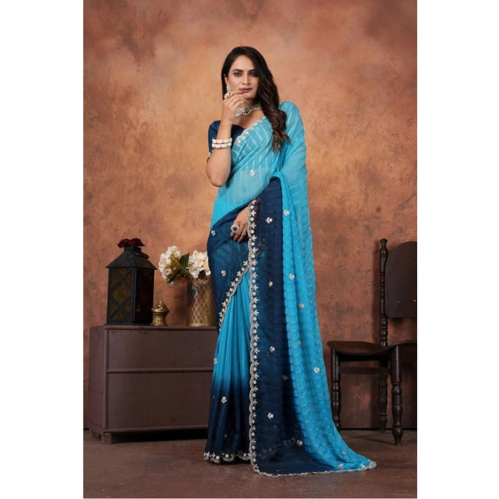 Light blue chiffon embroidered saree with unstitched blouse (5.5Mtr), elegant embellishments on traditional Indian attire