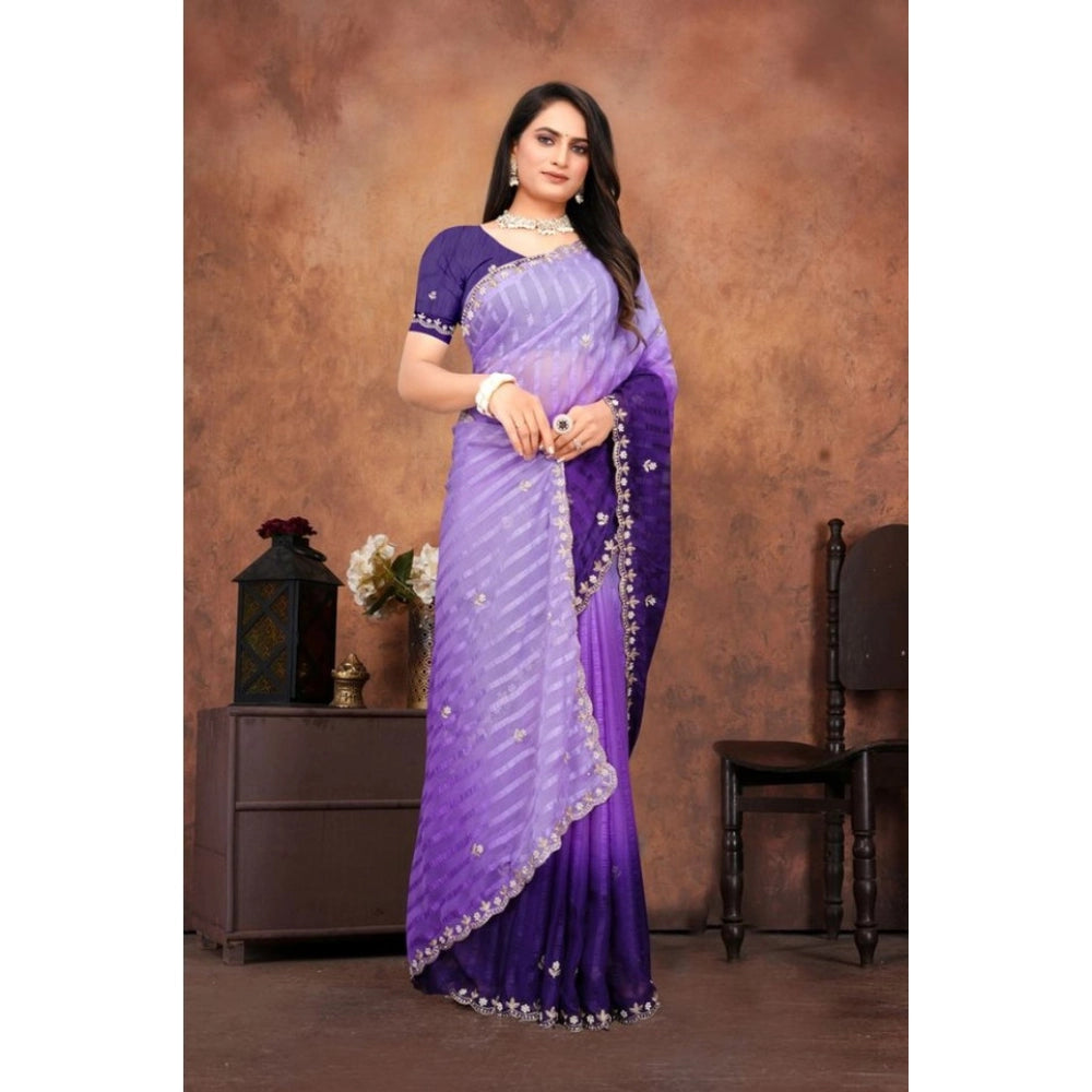 Purple chiffon embroidered saree with unstitched blouse (5.5mtr) - intricate embroidery on luxurious fabric for traditional Indian wear