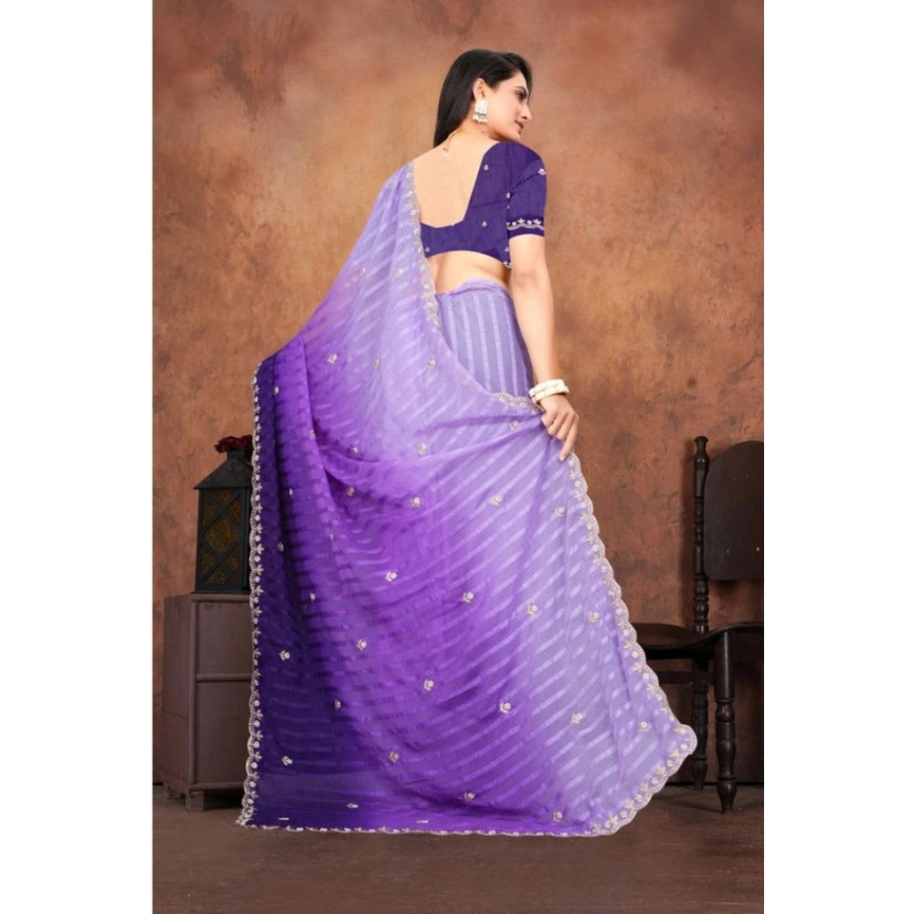 Purple chiffon embroidered saree with unstitched blouse, intricate floral patterns on a 5.5mtr length