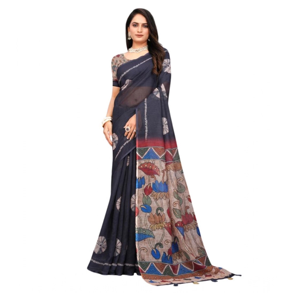 Black linen printed saree with unstitched blouse, intricate design on display