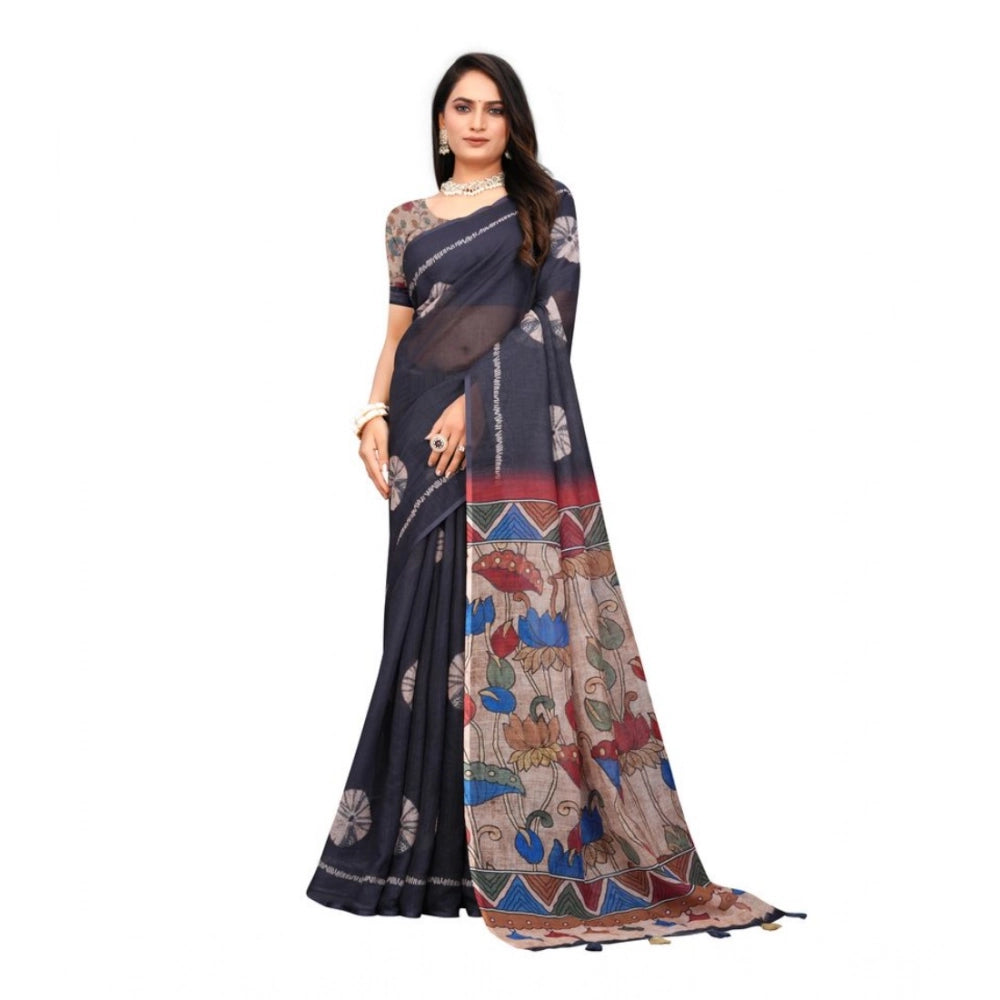 Black linen printed saree with unstitched blouse, vibrant pattern on display
