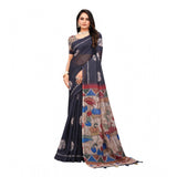 Black linen printed saree with unstitched blouse, vibrant pattern on display