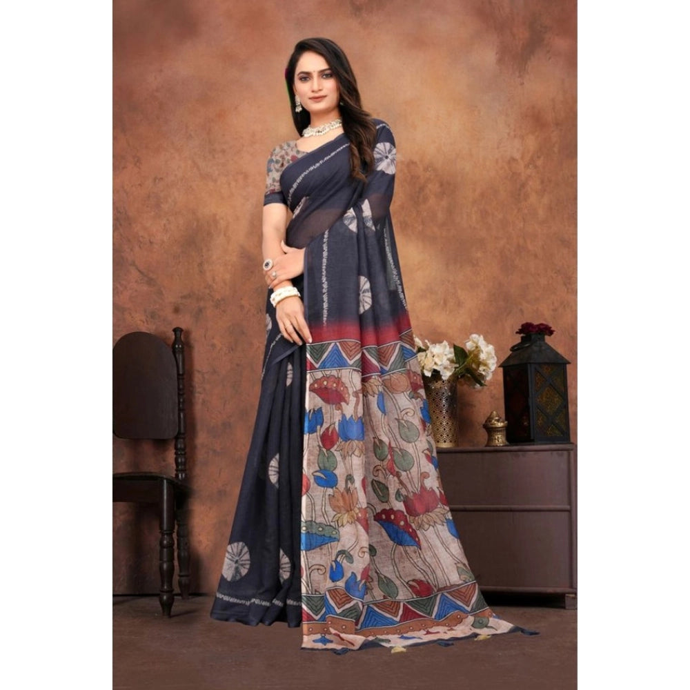 Black linen printed saree with unstitched blouse, stylish Indian women's fashion accessory on mannequin