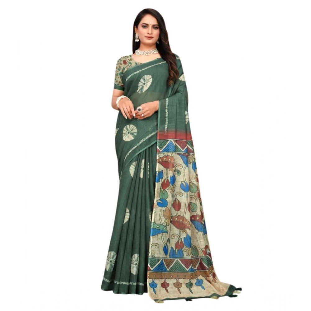 Dark green linen printed saree with unstitched blouse, vibrant floral pattern on 5.5mtr fabric