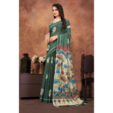 Dark green linen printed saree with unstitched blouse (5.5mtr), traditional Indian attire on mannequin