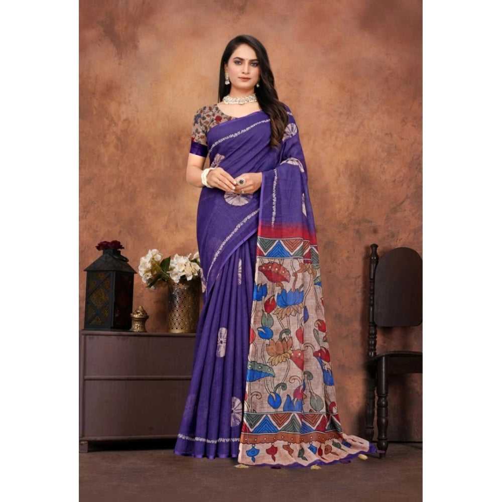 Purple linen printed saree with unstitched blouse (5.5mtr), vibrant floral pattern for traditional Indian wear