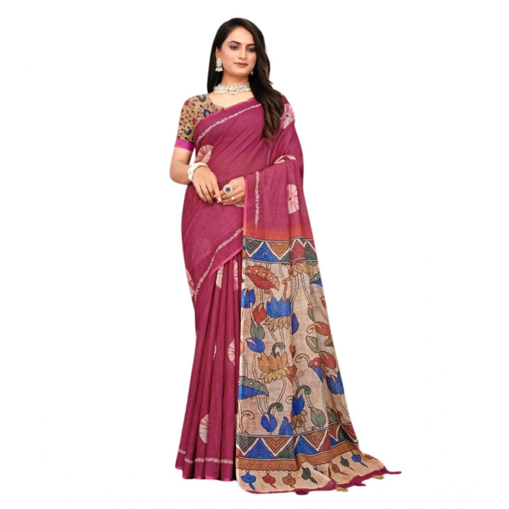 Purple linen printed saree with unstitched blouse, vibrant design for traditional Indian wear