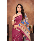 Purple linen printed saree with unstitched blouse, vibrant design for women's traditional wear