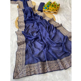 Blue silk embroidered saree with unstitched blouse (5.5mtr) - intricate floral designs on traditional Indian attire