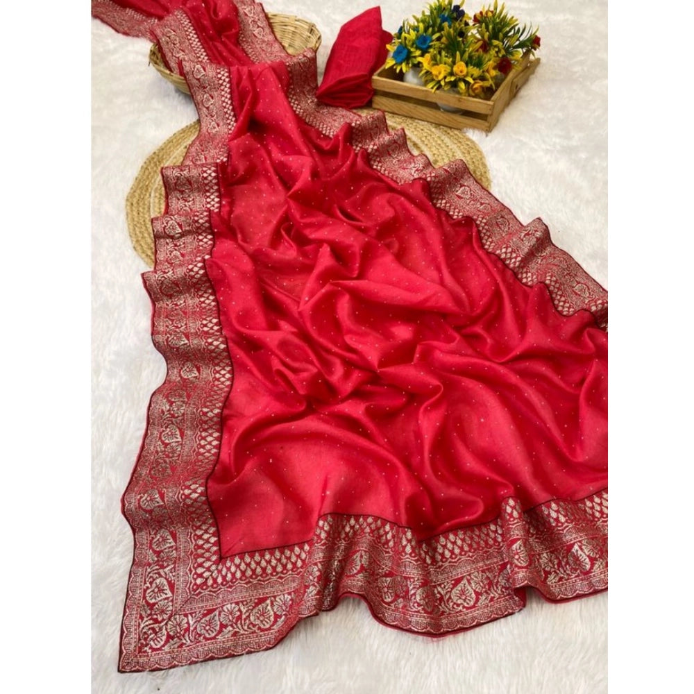 Pink silk embroidered saree with unstitched blouse (5.5Mtr), detailed close-up of intricate design