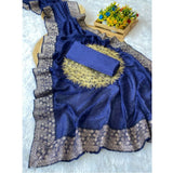 Blue silk embroidered saree with unstitched blouse (5.5Mtr) - intricate floral designs on traditional Indian attire
