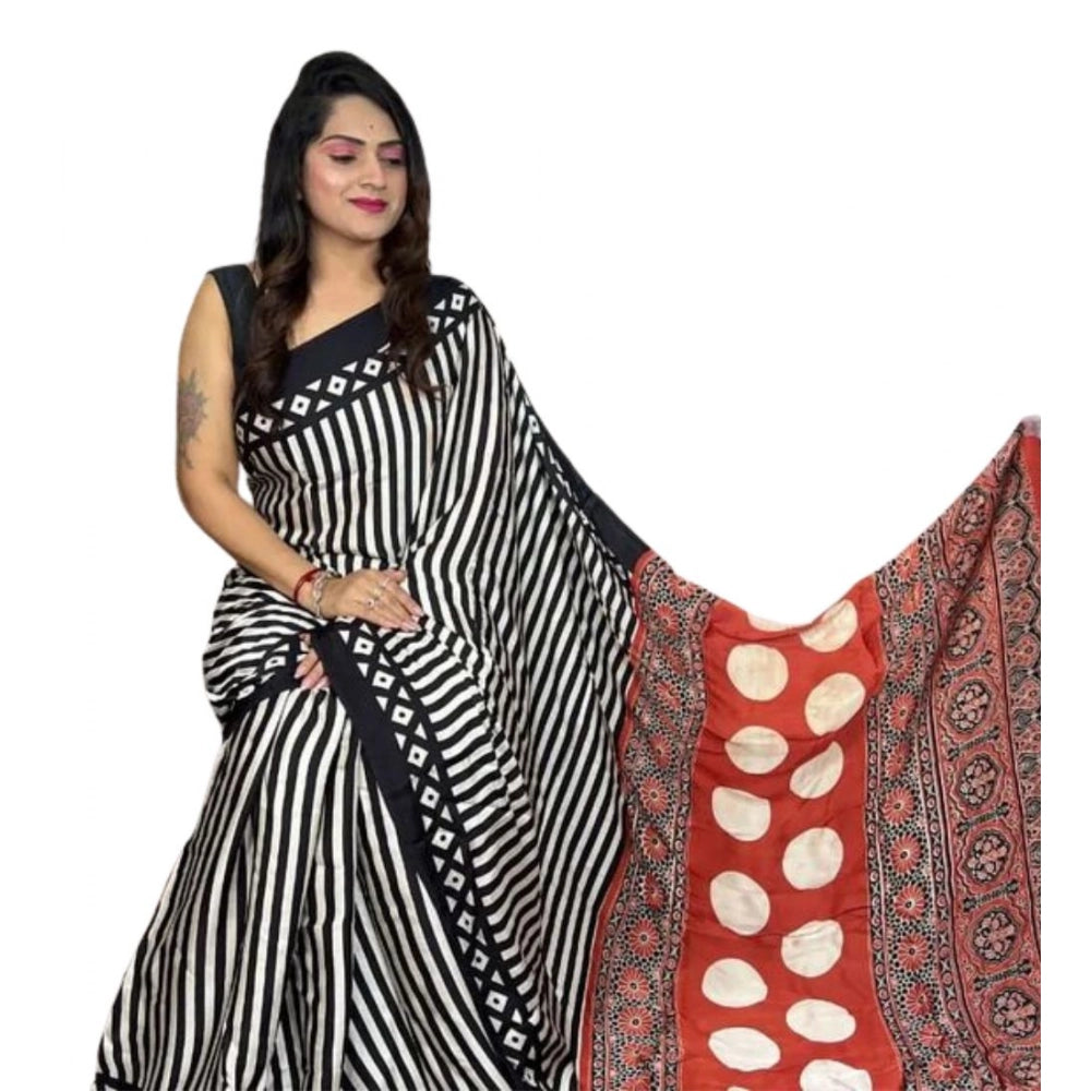 Black satin printed saree with unstitched blouse (5.5Mtr)