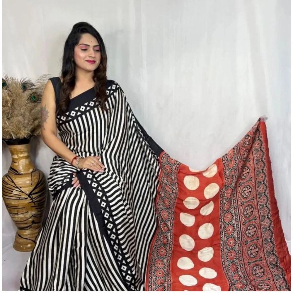 Black satin printed saree with unstitched blouse (5.5mtr)