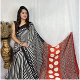 Black satin printed saree with unstitched blouse (5.5mtr)