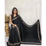 Black satin printed saree with unstitched blouse (5.5mtr)