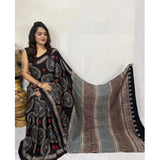 Black satin printed saree with unstitched blouse (5.5Mtr)