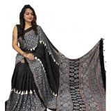 Black satin printed saree with unstitched blouse (5.5Mtr), high-quality fashion accessory for women
