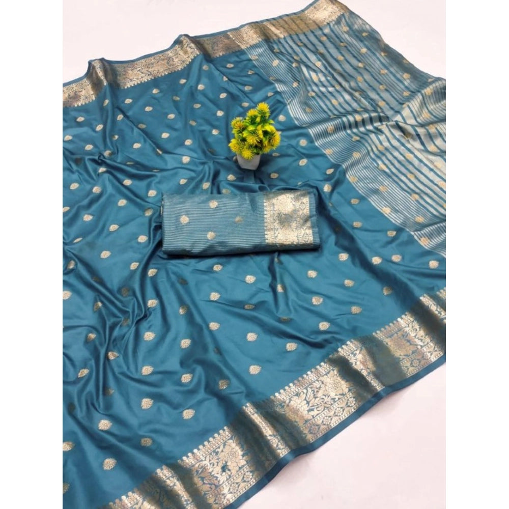 Light blue jacquard silk saree with unstitched blouse, intricate jacquard woven pattern for women's fashion