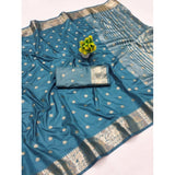Light blue jacquard silk saree with unstitched blouse, intricate jacquard woven pattern for women's fashion
