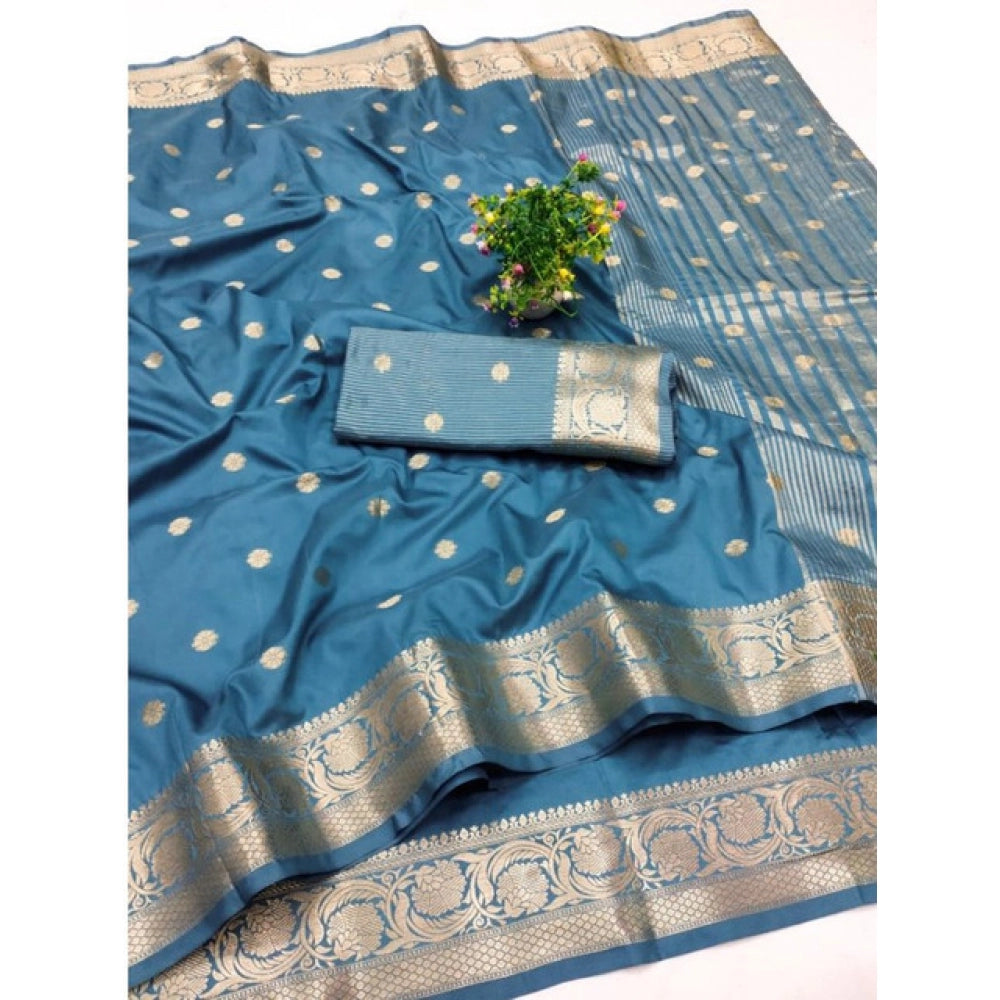 Light blue jacquard silk saree with unstitched blouse (5.5Mtr), intricate jacquard woven pattern